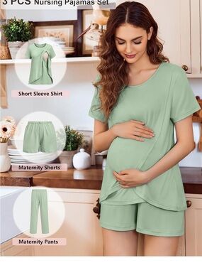 3 pc Nursing Maternity Pajama Set - Sage Green Short Sleeve Top , Pants & Shorts